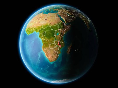 Malavi görünür kenarlık çizgisi ve şehir ışıkları ile son derece detaylı yüzey dokuları ile gece Dünya gezegeninin yörüngeden. 3D çizim. Nasa tarafından döşenmiş bu görüntü unsurları.