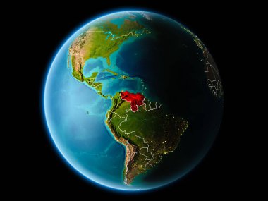 Venezuela ile son derece detaylı yüzey dokuları görünür kenarlık çizgisi ve şehir ışıkları ile gece Dünya gezegeninin yörüngeden. 3D çizim. Nasa tarafından döşenmiş bu görüntü unsurları.
