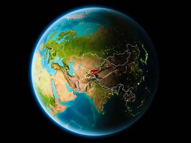Kırgızistan son derece detaylı yüzey dokuları görünür kenarlık çizgileri ve şehir ışıkları ile gece Dünya gezegeninin yörüngeden. 3D çizim. Nasa tarafından döşenmiş bu görüntü unsurları.