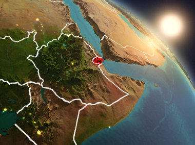 Günbatımı Cibuti Planet Earth görünür ülke sınırları ile uzaydan yukarıda. 3D çizim. Nasa tarafından döşenmiş bu görüntü unsurları.