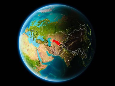Özbekistan görünür kenarlık çizgisi ve şehir ışıkları ile son derece detaylı yüzey dokuları ile gece Dünya gezegeninin yörüngeden. 3D çizim. Nasa tarafından döşenmiş bu görüntü unsurları.