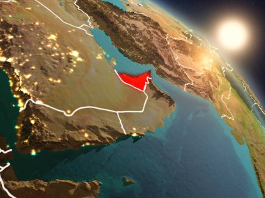 Birleşik Arap Emirlikleri Planet Earth görünür ülke sınırları ile uzaydan yukarıda gün batımı. 3D çizim. Nasa tarafından döşenmiş bu görüntü unsurları.