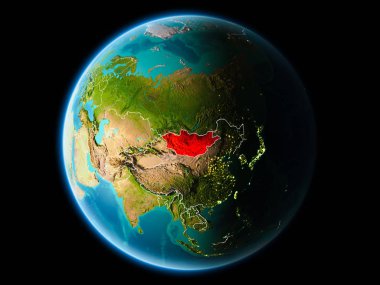 Moğolistan ile son derece detaylı yüzey dokuları görünür kenarlık çizgisi ve şehir ışıkları ile gece Dünya gezegeninin yörüngeden. 3D çizim. Nasa tarafından döşenmiş bu görüntü unsurları.
