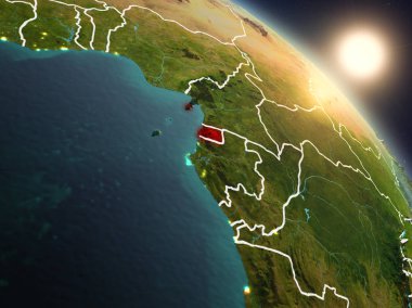 Ekvator Ginesi Planet Earth görünür ülke sınırları ile uzaydan yukarıda gün batımı. 3D çizim. Nasa tarafından döşenmiş bu görüntü unsurları.