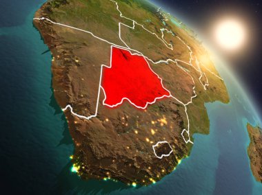 Günbatımı Botsvana Planet Earth görünür ülke sınırları ile uzaydan yukarıda. 3D çizim. Nasa tarafından döşenmiş bu görüntü unsurları.