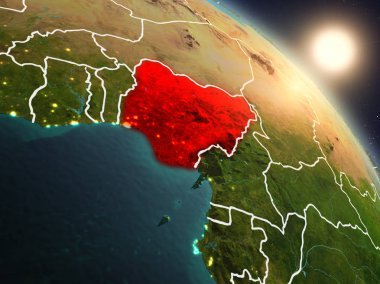 Günbatımı Nijerya Planet Earth görünür ülke sınırları ile uzaydan yukarıda. 3D çizim. Nasa tarafından döşenmiş bu görüntü unsurları.