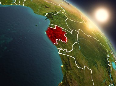 Günbatımı Gabon Planet Earth görünür ülke sınırları ile uzaydan yukarıda. 3D çizim. Nasa tarafından döşenmiş bu görüntü unsurları.