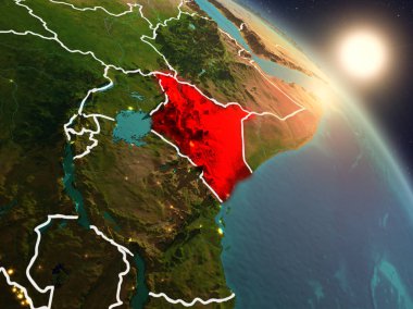 Günbatımı Kenya Planet Earth görünür ülke sınırları ile uzaydan yukarıda. 3D çizim. Nasa tarafından döşenmiş bu görüntü unsurları.