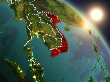 Günbatımı Vietnam Planet Earth görünür ülke sınırları ile uzaydan yukarıda. 3D çizim. Nasa tarafından döşenmiş bu görüntü unsurları.