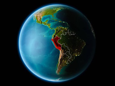 Son derece detaylı yüzey dokuları görünür kenarlık çizgileri ve şehir ışıkları ile gece Dünya gezegeninin yörüngesine Peru'dan. 3D çizim. Nasa tarafından döşenmiş bu görüntü unsurları.