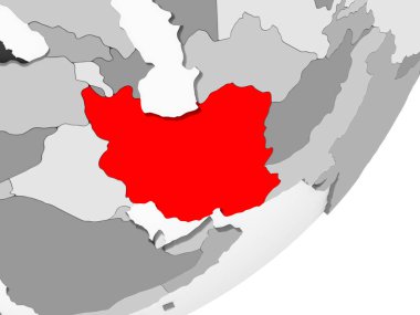 Resimde saydam okyanuslar ile gri küre kırmızı vurgulanır İran. 3D çizim.