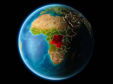 Demokratik Kongo Cumhuriyeti son derece detaylı yüzey dokuları görünür kenarlık çizgileri ve şehir ışıkları ile gece Dünya gezegeninin yörüngeden. 3D çizim. Nasa tarafından döşenmiş bu görüntü unsurları.
