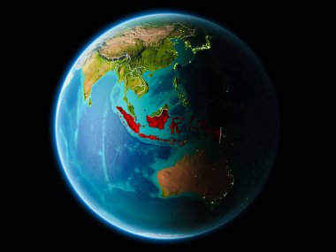 Endonezya son derece detaylı yüzey dokuları görünür kenarlık çizgileri ve şehir ışıkları ile gece Dünya gezegeninin yörüngeden. 3D çizim. Nasa tarafından döşenmiş bu görüntü unsurları.