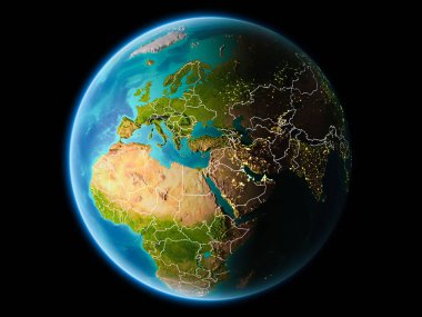 Lübnan'dan son derece detaylı yüzey dokuları görünür kenarlık çizgileri ve şehir ışıkları ile gece Dünya gezegeninin yörüngesinde. 3D çizim. Nasa tarafından döşenmiş bu görüntü unsurları.