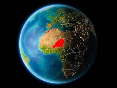 Nijer görünür kenarlık çizgisi ve şehir ışıkları ile son derece detaylı yüzey dokuları ile gece Dünya gezegeninin yörüngeden. 3D çizim. Nasa tarafından döşenmiş bu görüntü unsurları.