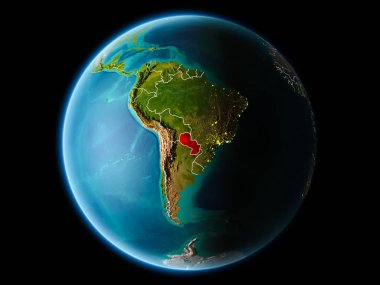Paraguay ile son derece detaylı yüzey dokuları görünür kenarlık çizgisi ve şehir ışıkları ile gece Dünya gezegeninin yörüngeden. 3D çizim. Nasa tarafından döşenmiş bu görüntü unsurları.