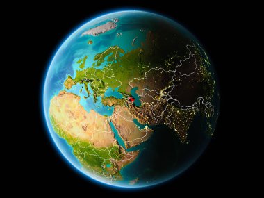 Azerbaycan son derece detaylı yüzey dokuları görünür kenarlık çizgileri ve şehir ışıkları ile gece Dünya gezegeninin yörüngeden. 3D çizim. Nasa tarafından döşenmiş bu görüntü unsurları.