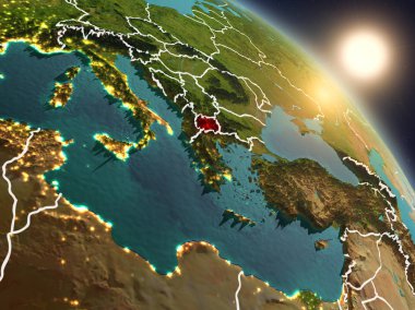 Günbatımı Makedonya Planet Earth görünür ülke sınırları ile uzaydan yukarıda. 3D çizim. Nasa tarafından döşenmiş bu görüntü unsurları.