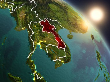 Günbatımı Laos Planet Earth görünür ülke sınırları ile uzaydan yukarıda. 3D çizim. Nasa tarafından döşenmiş bu görüntü unsurları.