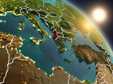Günbatımı Arnavutluk Planet Earth görünür ülke sınırları ile uzaydan yukarıda. 3D çizim. Nasa tarafından döşenmiş bu görüntü unsurları.