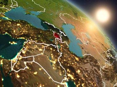 Günbatımı Ermenistan Planet Earth görünür ülke sınırları ile uzaydan yukarıda. 3D çizim. Nasa tarafından döşenmiş bu görüntü unsurları.