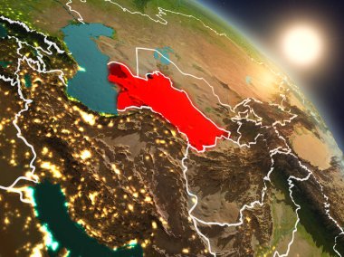 Günbatımı Türkmenistan Planet Earth görünür ülke sınırları ile uzaydan yukarıda. 3D çizim. Nasa tarafından döşenmiş bu görüntü unsurları.