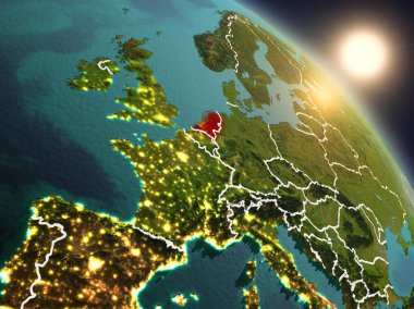 Günbatımı Hollanda Planet Earth görünür ülke sınırları ile uzaydan yukarıda. 3D çizim. Nasa tarafından döşenmiş bu görüntü unsurları.