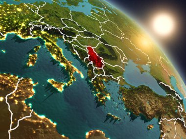 Günbatımı Sırbistan Planet Earth görünür ülke sınırları ile uzaydan yukarıda. 3D çizim. Nasa tarafından döşenmiş bu görüntü unsurları.