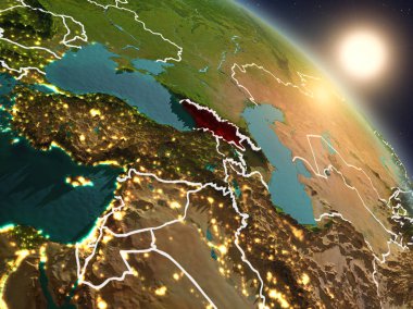 Gürcistan'dan alan Planet Earth görünür ülke sınırları ile yukarıda gün batımı. 3D çizim. Nasa tarafından döşenmiş bu görüntü unsurları.