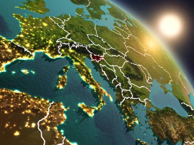 Günbatımı Slovenya Planet Earth görünür ülke sınırları ile uzaydan yukarıda. 3D çizim. Nasa tarafından döşenmiş bu görüntü unsurları.
