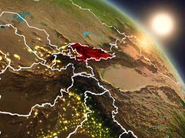 Günbatımı Kırgızistan Planet Earth görünür ülke sınırları ile uzaydan yukarıda. 3D çizim. Nasa tarafından döşenmiş bu görüntü unsurları.
