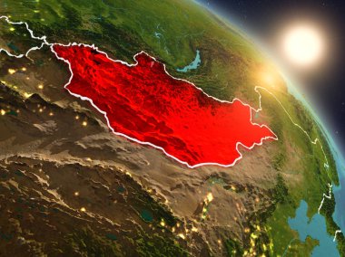 Günbatımı Moğolistan Planet Earth görünür ülke sınırları ile uzaydan yukarıda. 3D çizim. Nasa tarafından döşenmiş bu görüntü unsurları.