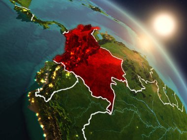 Günbatımı Kolombiya Planet Earth görünür ülke sınırları ile uzaydan yukarıda. 3D çizim. Nasa tarafından döşenmiş bu görüntü unsurları.