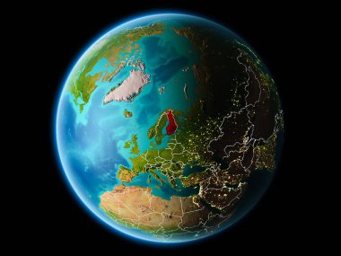Finlandiya son derece detaylı yüzey dokuları görünür kenarlık çizgileri ve şehir ışıkları ile gece Dünya gezegeninin yörüngeden. 3D çizim. Nasa tarafından döşenmiş bu görüntü unsurları.