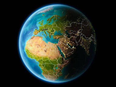 İsrail ile son derece detaylı yüzey dokuları görünür kenarlık çizgisi ve şehir ışıkları ile gece Dünya gezegeninin yörüngeden. 3D çizim. Nasa tarafından döşenmiş bu görüntü unsurları.