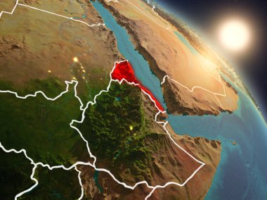 Günbatımı Eritre Planet Earth görünür ülke sınırları ile uzaydan yukarıda. 3D çizim. Nasa tarafından döşenmiş bu görüntü unsurları.