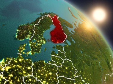Günbatımı Finlandiya Planet Earth görünür ülke sınırları ile uzaydan yukarıda. 3D çizim. Nasa tarafından döşenmiş bu görüntü unsurları.
