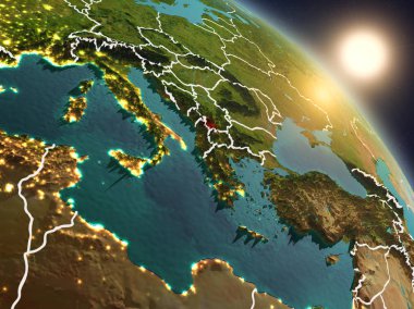 Günbatımı Planet Earth görünür ülke sınırları ile uzaydan Kosova yukarıda. 3D çizim. Nasa tarafından döşenmiş bu görüntü unsurları.
