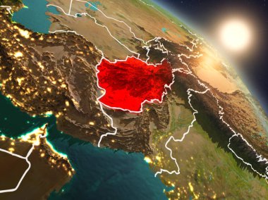 Günbatımı Planet Earth görünür ülke sınırları ile uzaydan Afganistan yukarıda. 3D çizim. Nasa tarafından döşenmiş bu görüntü unsurları.