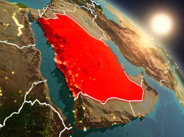 Günbatımı Suudi Arabistan Planet Earth görünür ülke sınırları ile uzaydan yukarıda. 3D çizim. Nasa tarafından döşenmiş bu görüntü unsurları.
