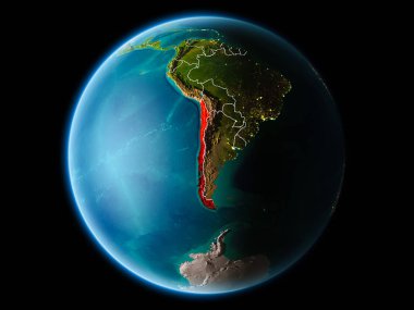 Şili'den son derece detaylı yüzey dokuları görünür kenarlık çizgileri ve şehir ışıkları ile gece Dünya gezegeninin yörüngesinde. 3D çizim. Nasa tarafından döşenmiş bu görüntü unsurları.