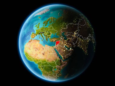 Son derece detaylı yüzey dokuları görünür kenarlık çizgileri ve şehir ışıkları ile gece Dünya gezegeninin yörüngesine Suriye'den. 3D çizim. Nasa tarafından döşenmiş bu görüntü unsurları.