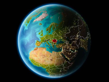 Son derece detaylı yüzey dokuları görünür kenarlık çizgileri ve şehir ışıkları ile gece Dünya gezegeninin yörüngesine Romanya'dan. 3D çizim. Nasa tarafından döşenmiş bu görüntü unsurları.