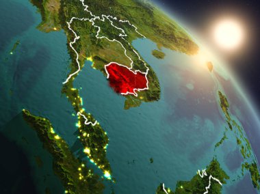Günbatımı Kamboçya Planet Earth görünür ülke sınırları ile uzaydan yukarıda. 3D çizim. Nasa tarafından döşenmiş bu görüntü unsurları.