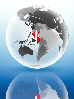 Peru bayrağı parlak yüzeye yansıtan dünya üzerinde. 3D çizim.