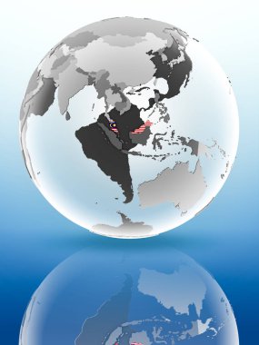 Malezya bayrağı parlak yüzeye yansıtan dünya üzerinde. 3D çizim.