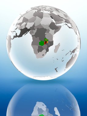 Zambiya bayrağı parlak yüzeye yansıtan dünya üzerinde. 3D çizim.
