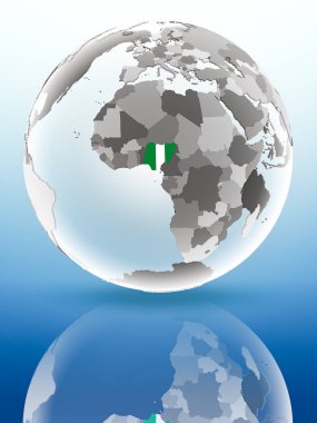 Nijerya parlak yüzeye yansıtan dünya üzerinde bayrak ile. 3D çizim.