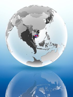 Kamboçya bayrağı parlak yüzeye yansıtan dünya üzerinde. 3D çizim.