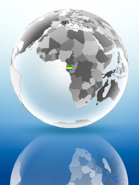 Gabon parlak yüzeye yansıtan dünya üzerinde bayrak ile. 3D çizim.
